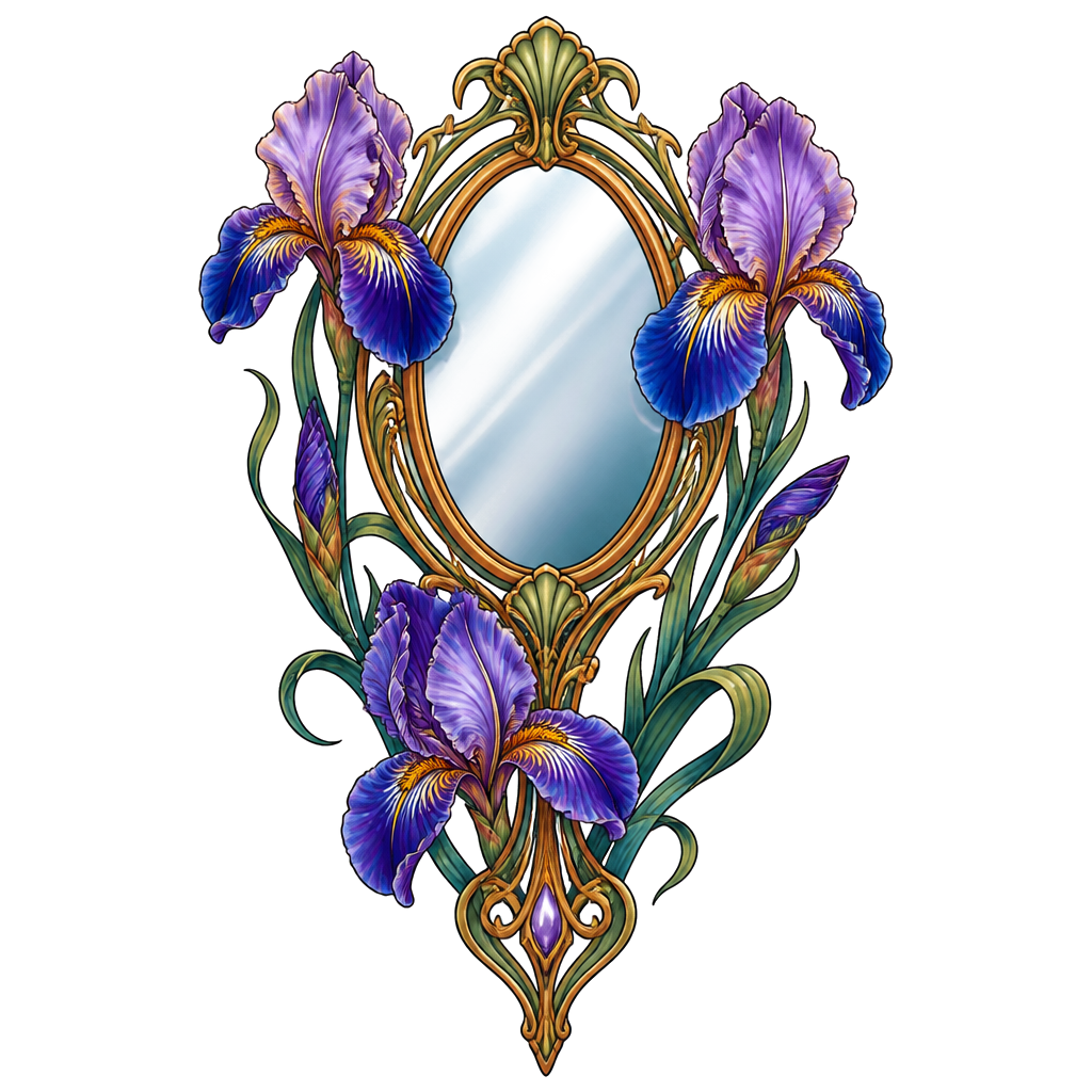 An ornate mirror framed with irises