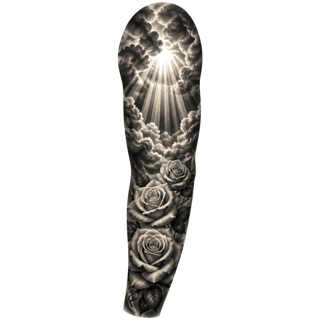 Mach mir ein sleeve tatto mit Rosen auf dem Unterarm und Wolken wo Lichtstrahlen durchscheinen