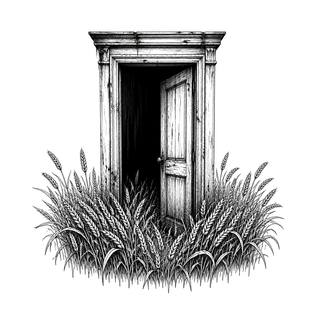 A doorway standing alone in a wheat field