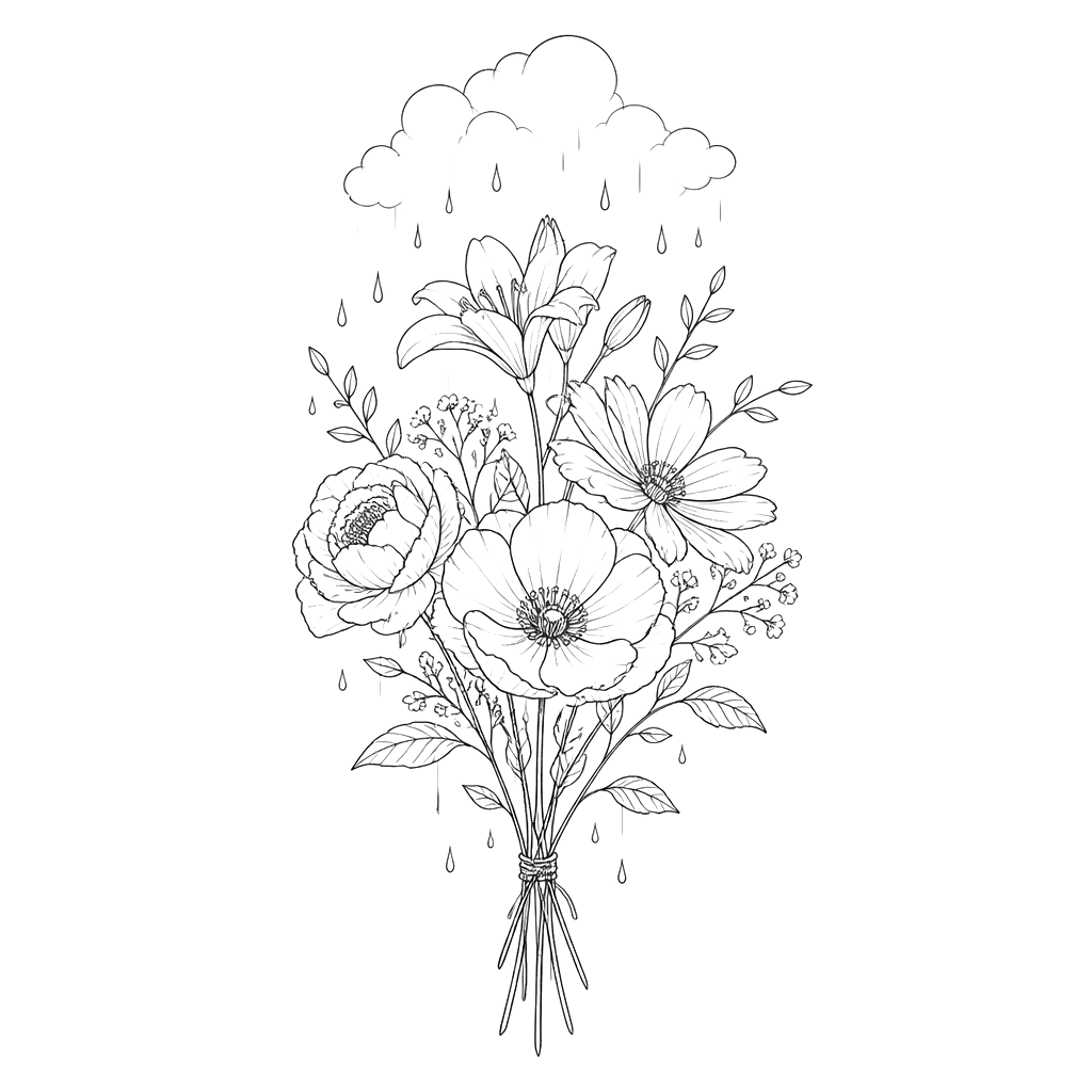 “No rain, no flowers” with a bouquet of flowers