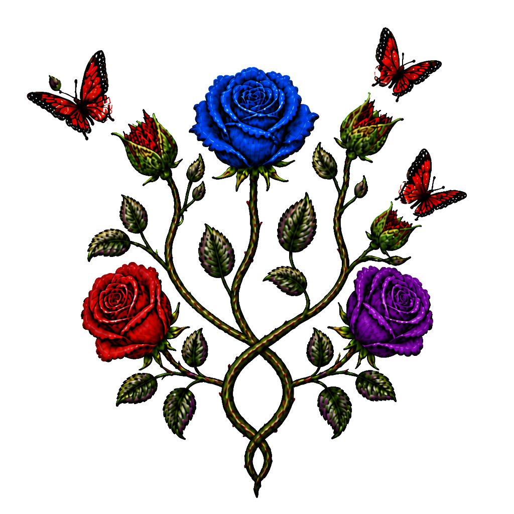 1 rote Rose, 1 geschlossene Rose wo ein Schmetterling entsteht,2 geschlossene Rosen an einen Strang wo aus den geschlossenen Rosen Schmetterlinge entstehen, 1 lila Rose und 1 rote Rose. Alles zusammen mit den Namen Fabian und Dèsirèe verbunden