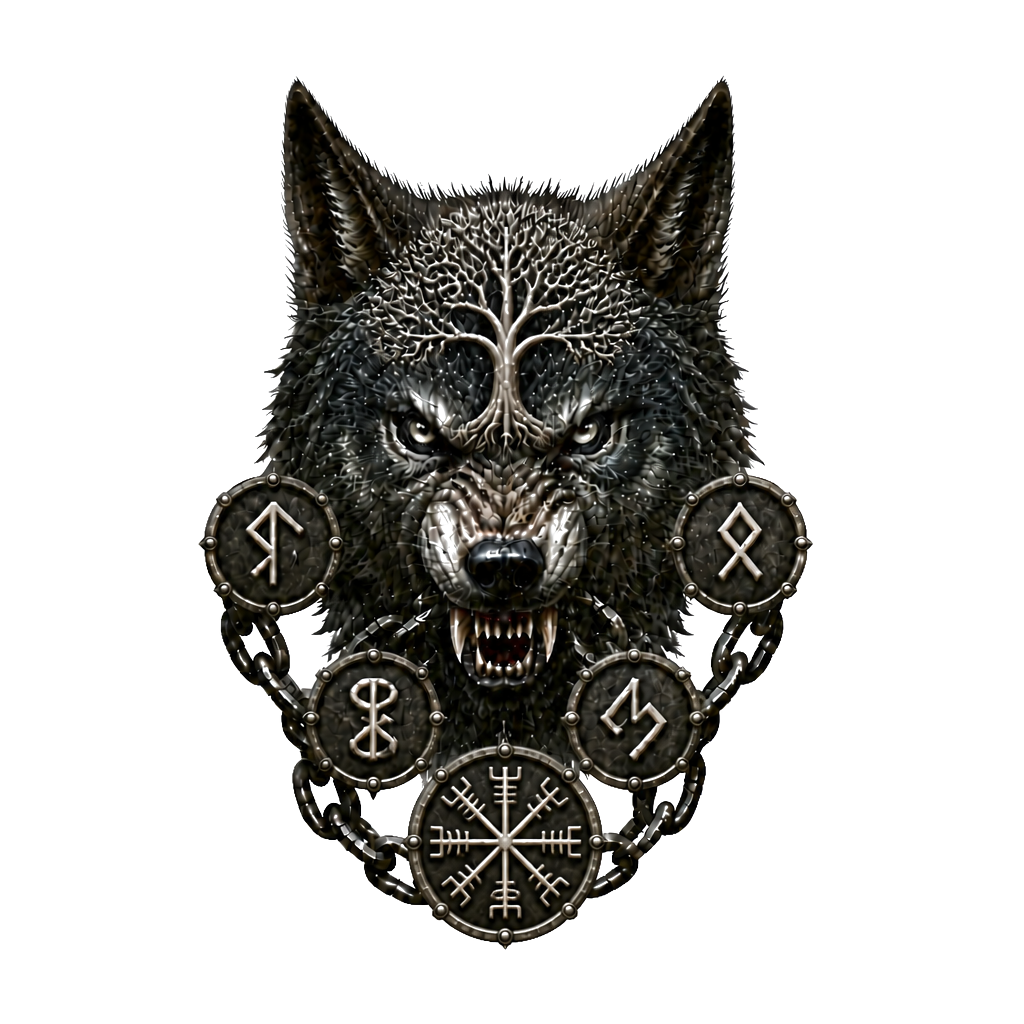Fenrir’s snarling head centered on the forehead, Yggdrasil roots spreading toward the temples, broken chains flowing from its jaws and wrapping around the neck.
