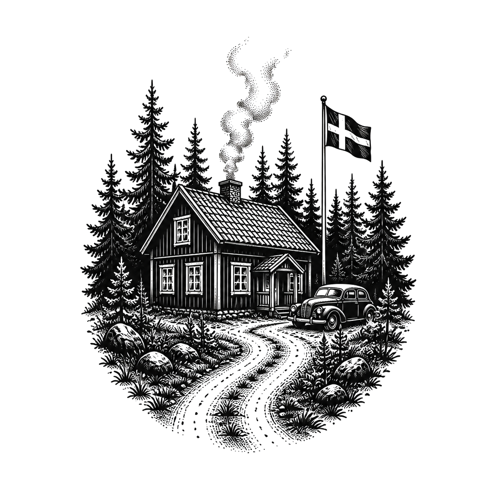 A forest with a house thats typical from swedens Wood and a old car next to the house and a flagpole with swedish flag and smoke coming from the chimney and a road coming the house