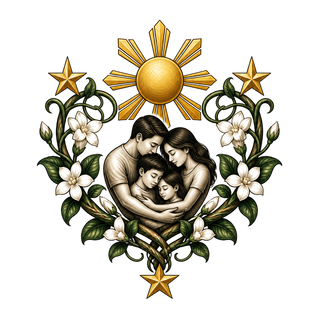 A Philippine sun and three stars encircle a family beneath a sampaguita vine, their interwoven stems forming a heart and a strong protective embrace.