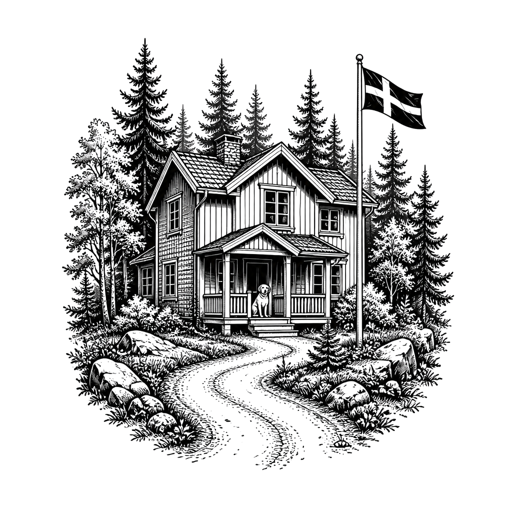 A 2 storie house in the forest with a road and a dog on the porch with a flagspole with swedish flag