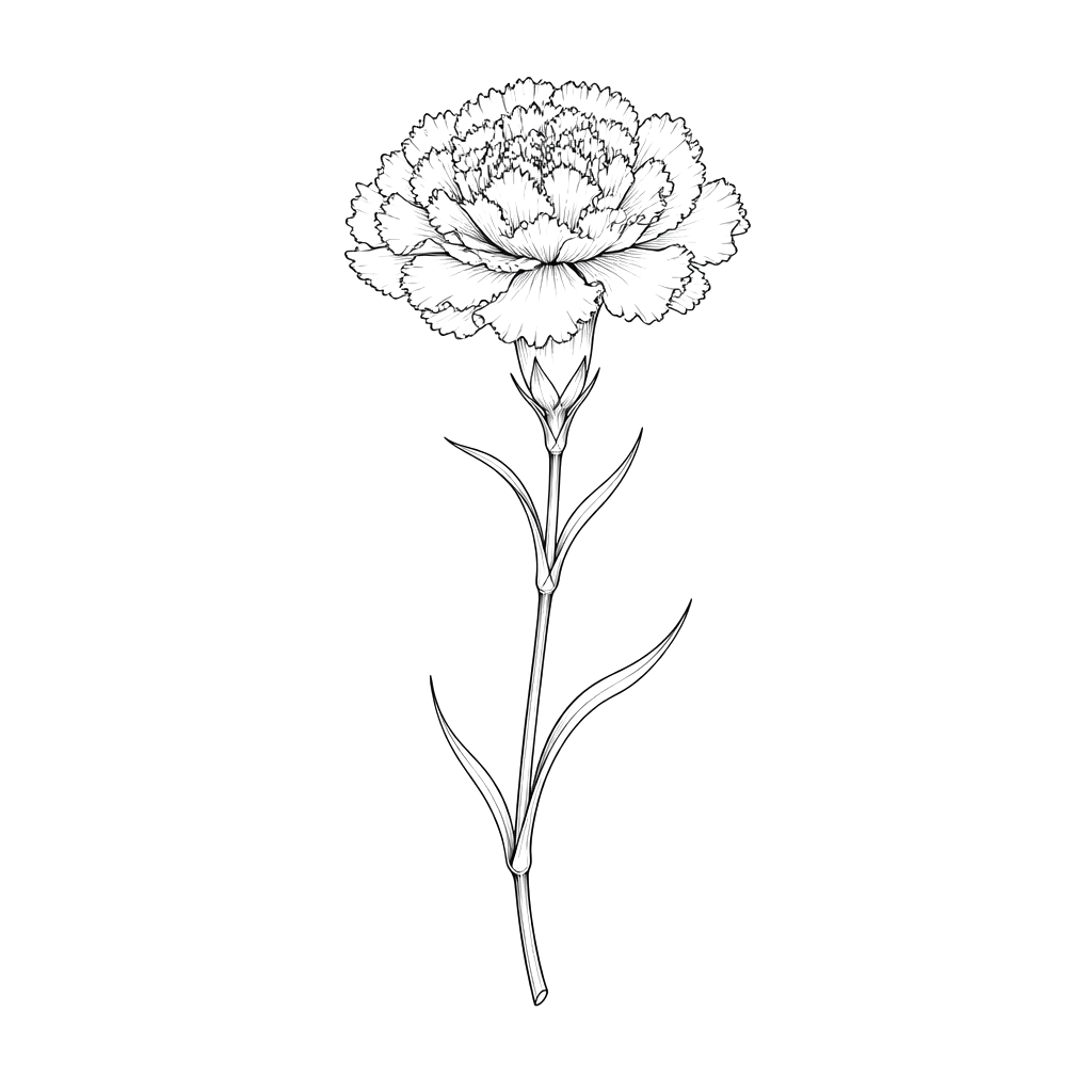 A single carnation with ruffled petals on a slender stem