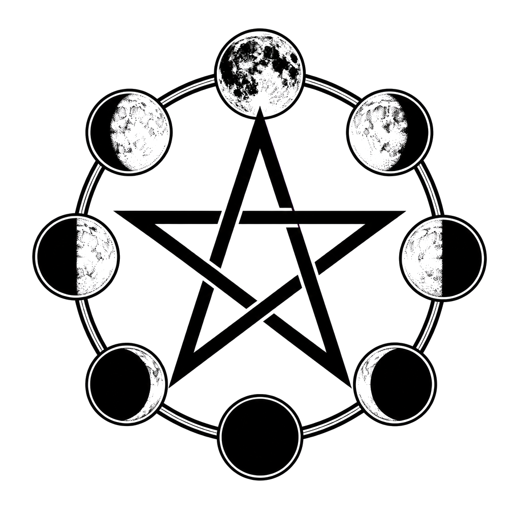 A pentacle woven over a ring of eight moon phases