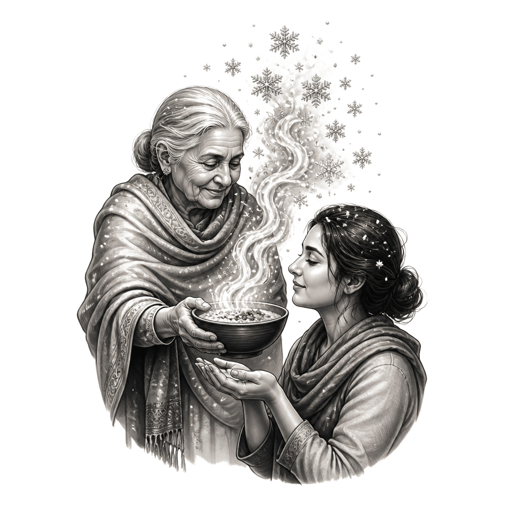 Grandmother serving mother’s cooking from a steaming bowl, its rising steam transforming into softly falling fresh snow around her.