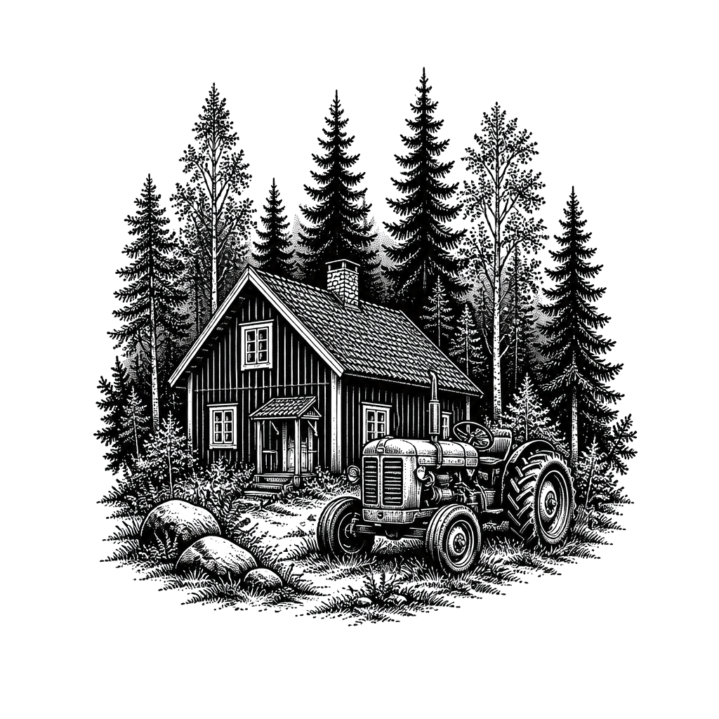 A forest with a house thats typical from swedens Wood and a old tractor next to the house