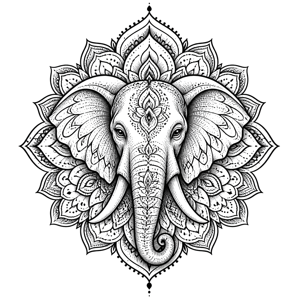 An elephant head centered in an ornate mandala