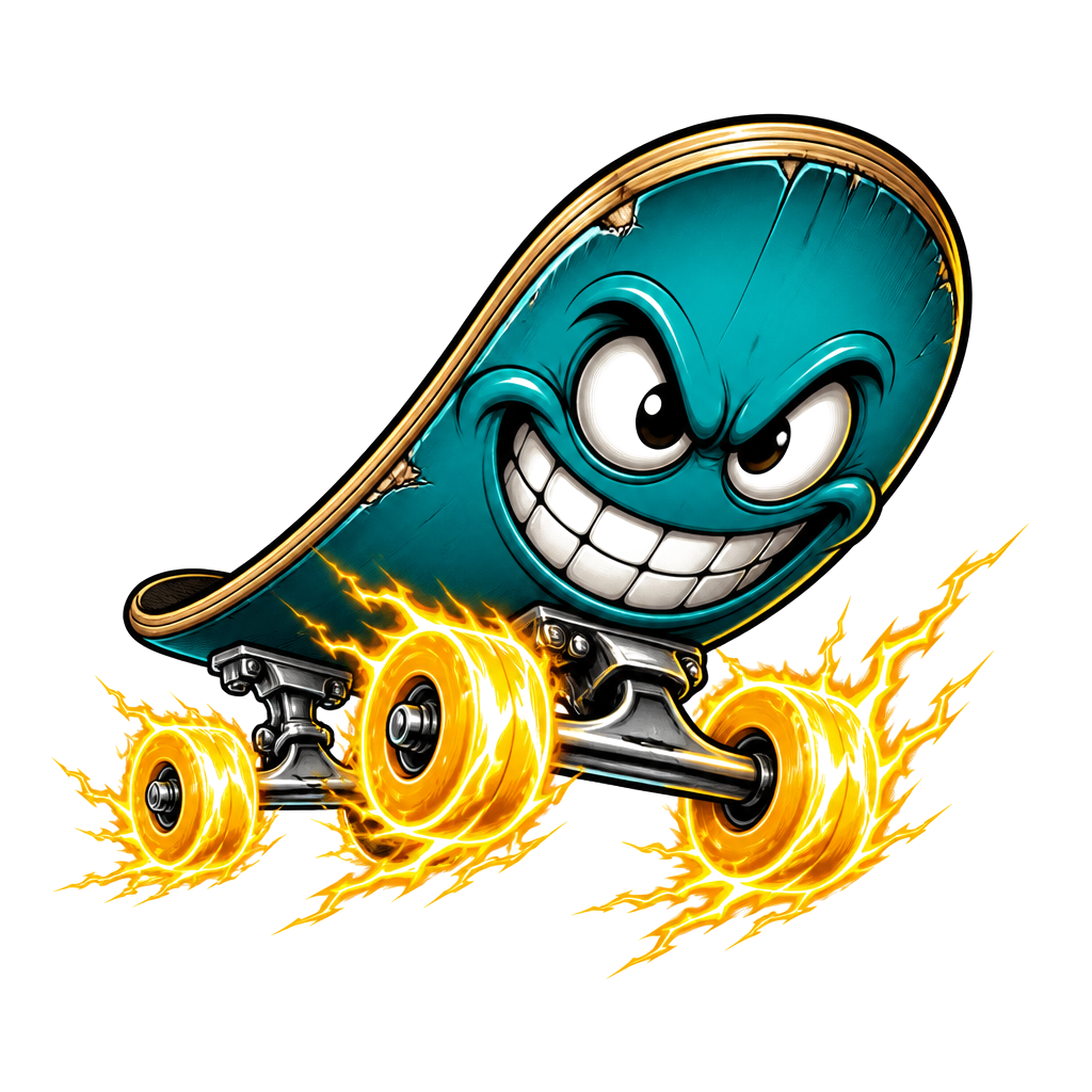 A grinning skateboard rolling on lightning wheels