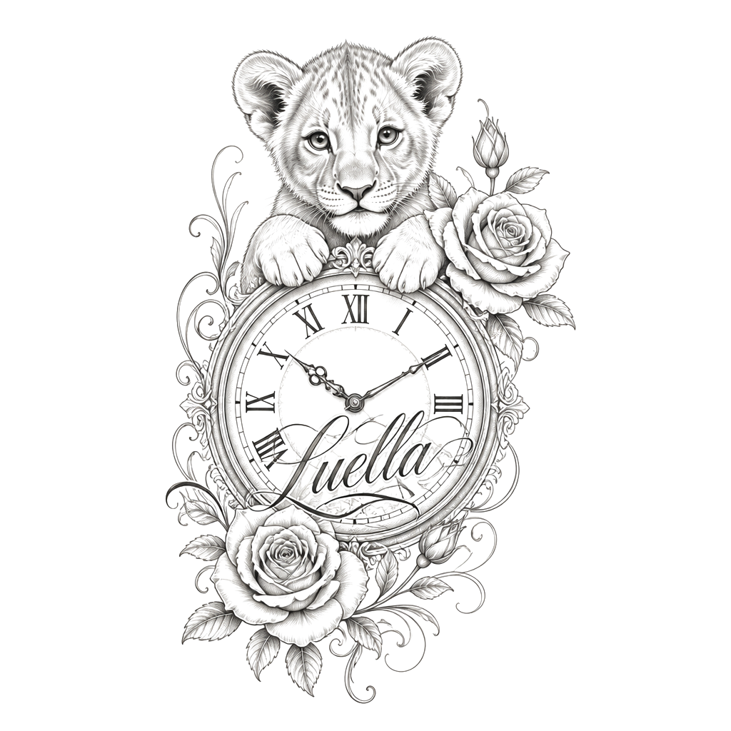 A baby lion a Roman numerial clock with name Luella on it and roses