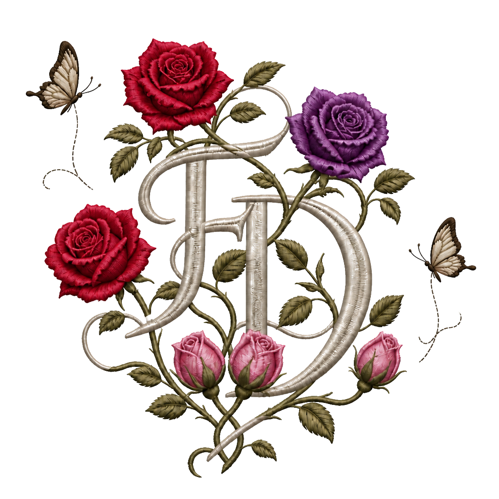 Buchstaben F und D ineinandergeschlungen. Mit 3 offenen Rosen (Bryan, Amy,Lucas) und 2 zusammenverbundene geschlossene Rosen ( (13.10.2011) mit 2 wegfliegenden Schmetterlingen sowie 1 geschlossene Rose (04.11.2010) mit 1 wegfliegenden Schmetterling. Es soll alles miteinander verbunden sein