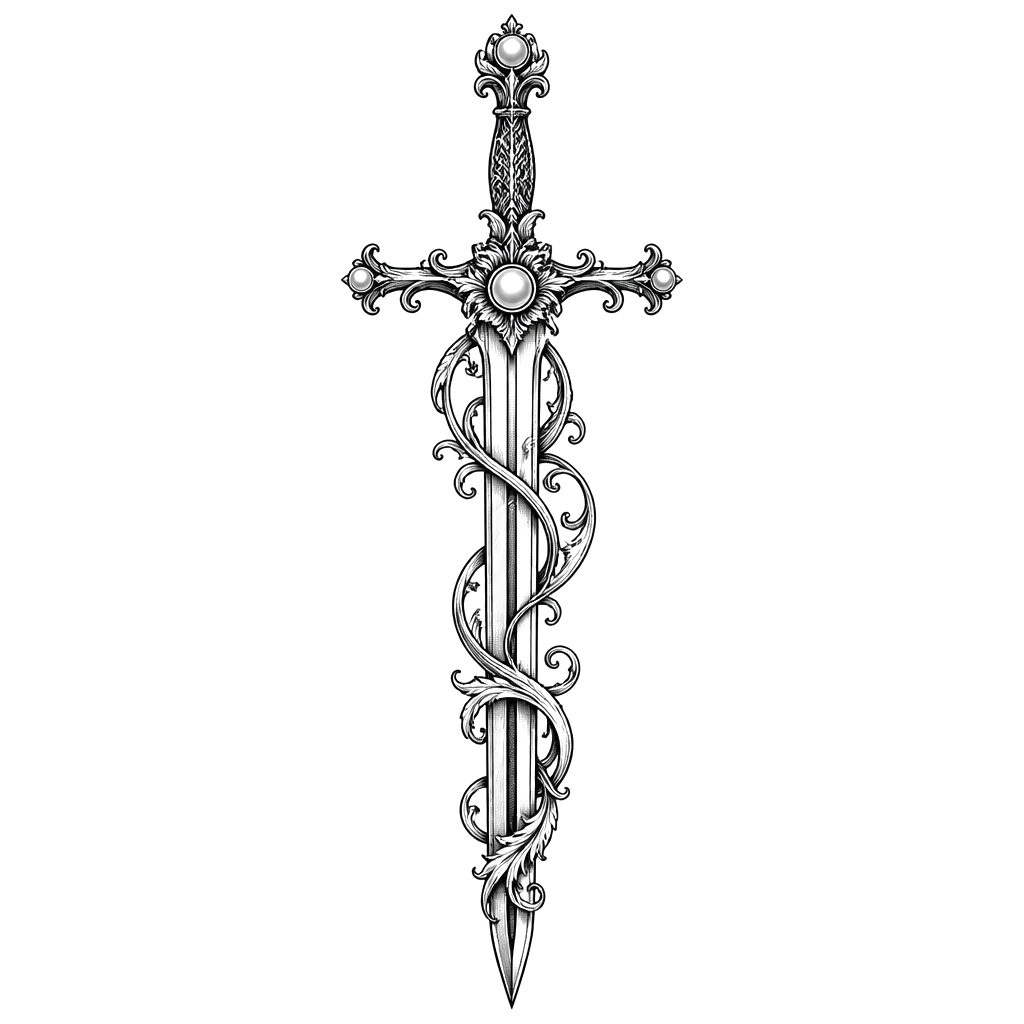 A sword wrapped in filigree with a pearl-set hilt