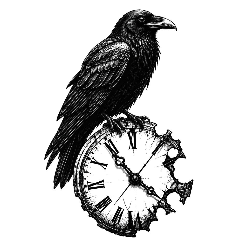 A raven perched on a broken clock face