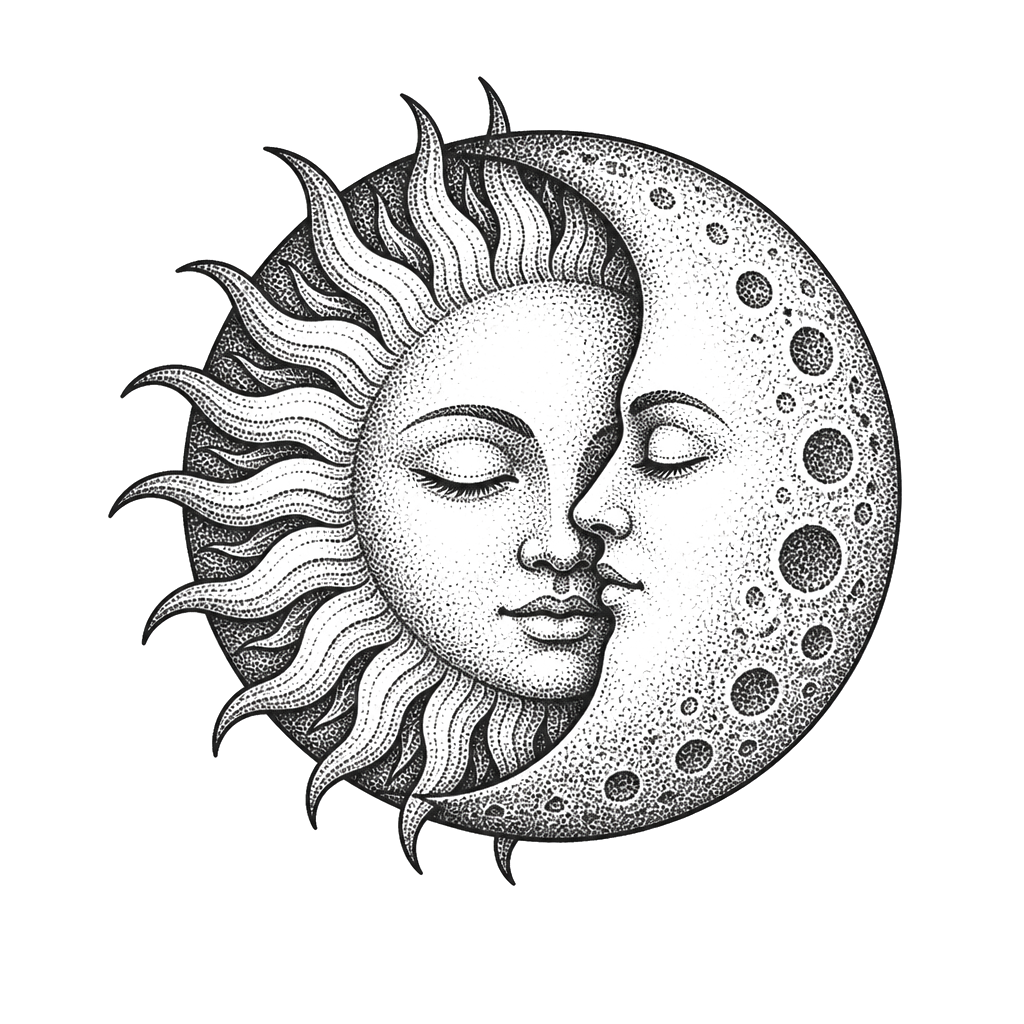 A sun and moon joined in one stippled circle
