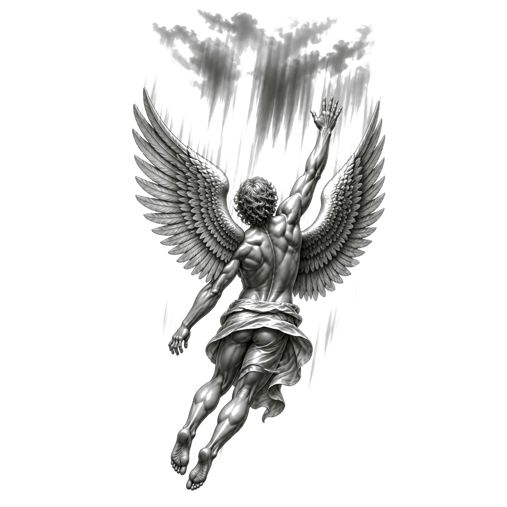 Un ange musclé détendu mais qui semble bondir vers le ciel avec le bras tendu vers le haut la paume de main ouverte. Il regarde dans la même direction que son bras tendu. Son corps et ses jambes ne sont pas complètement droites. Il a des ailes