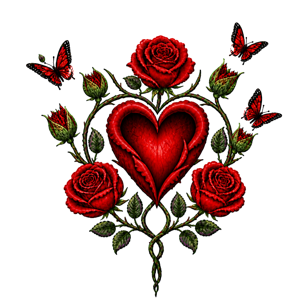 1 rote Rose, 1 geschlossene Rose wo ein Schmetterling entsteht,2 geschlossene Rosen an einen Strang wo aus den geschlossenen Rosen Schmetterlinge entstehen, 1 lila Rose und 1 rote Rose. Alles zusammen mit den Namen Fabian und Dèsirèe verbunden