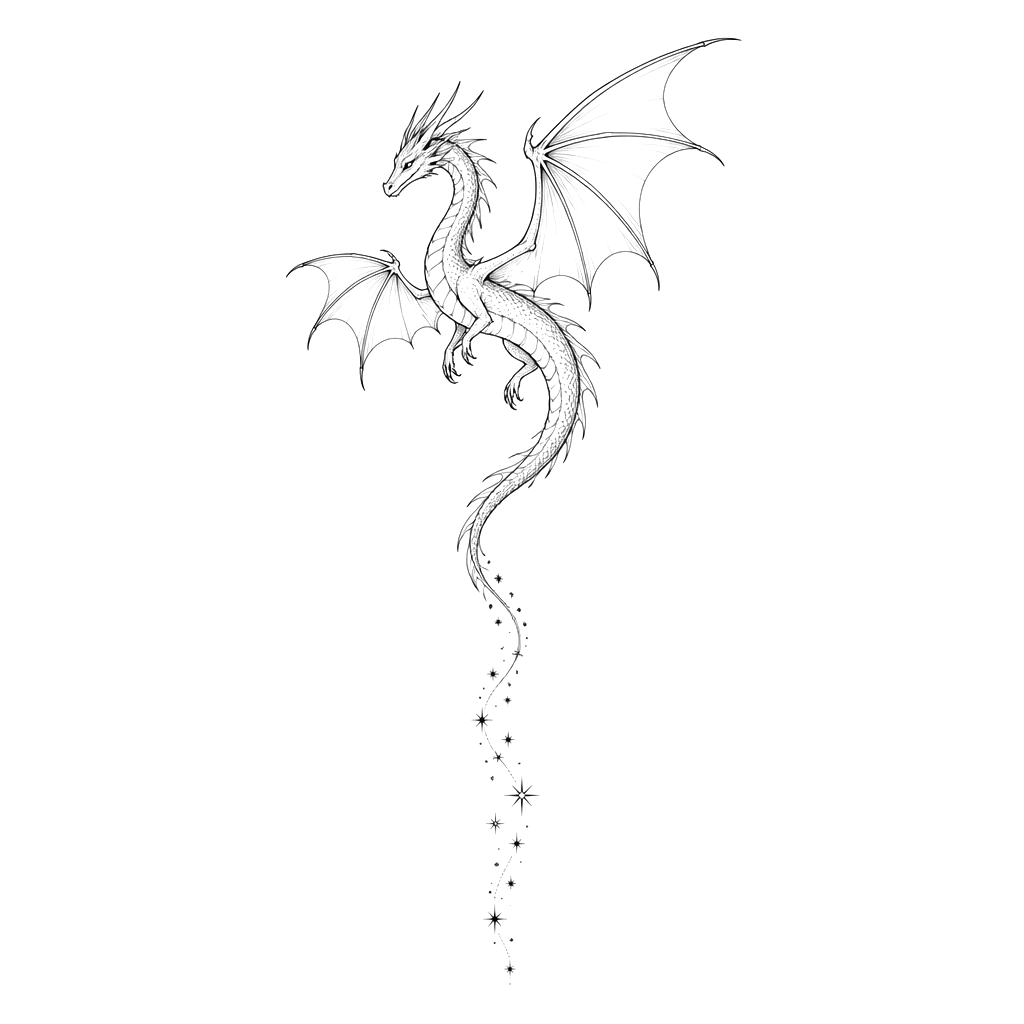 A dragon whose tail trails off into a line of tiny stars