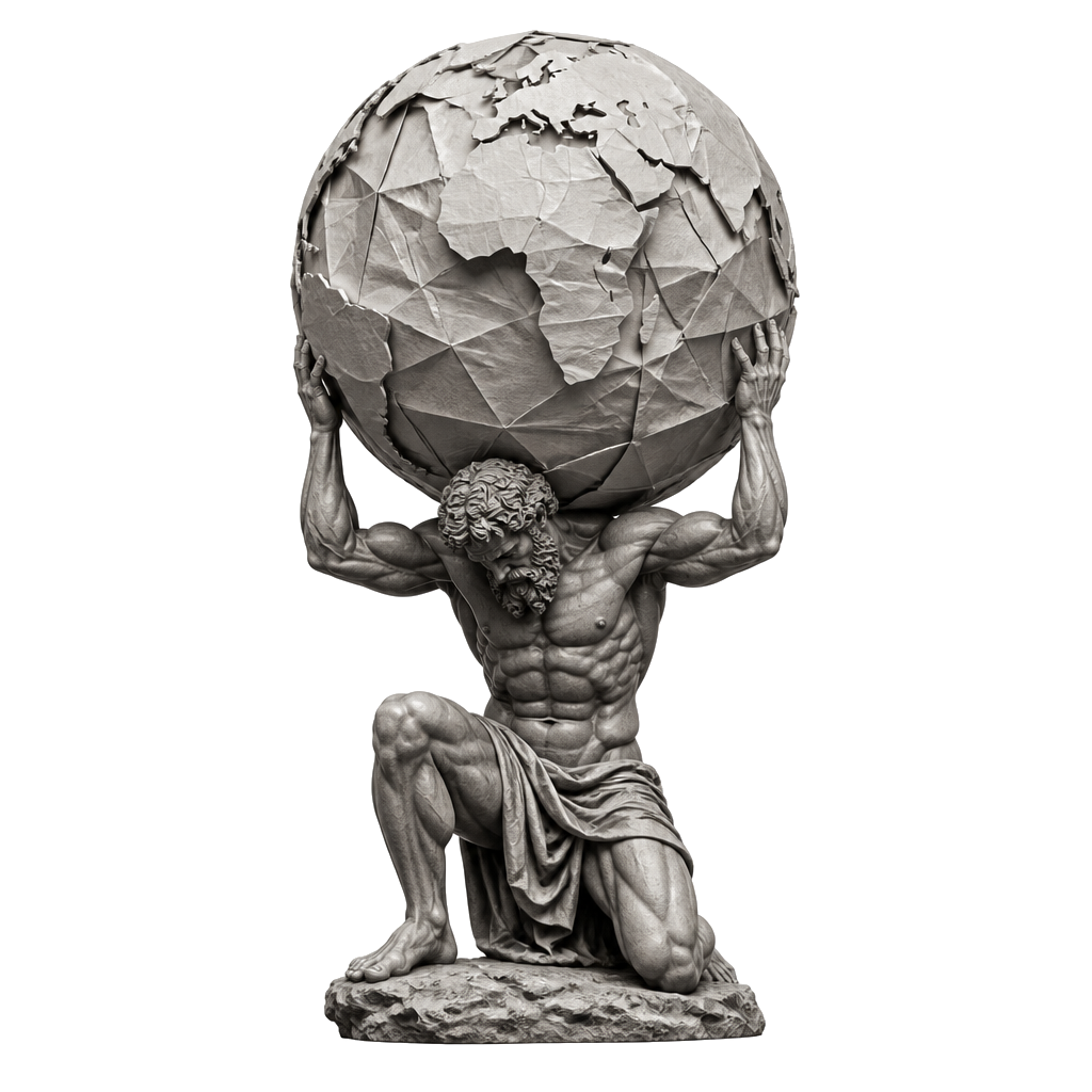 Atlas holding up a paper planet