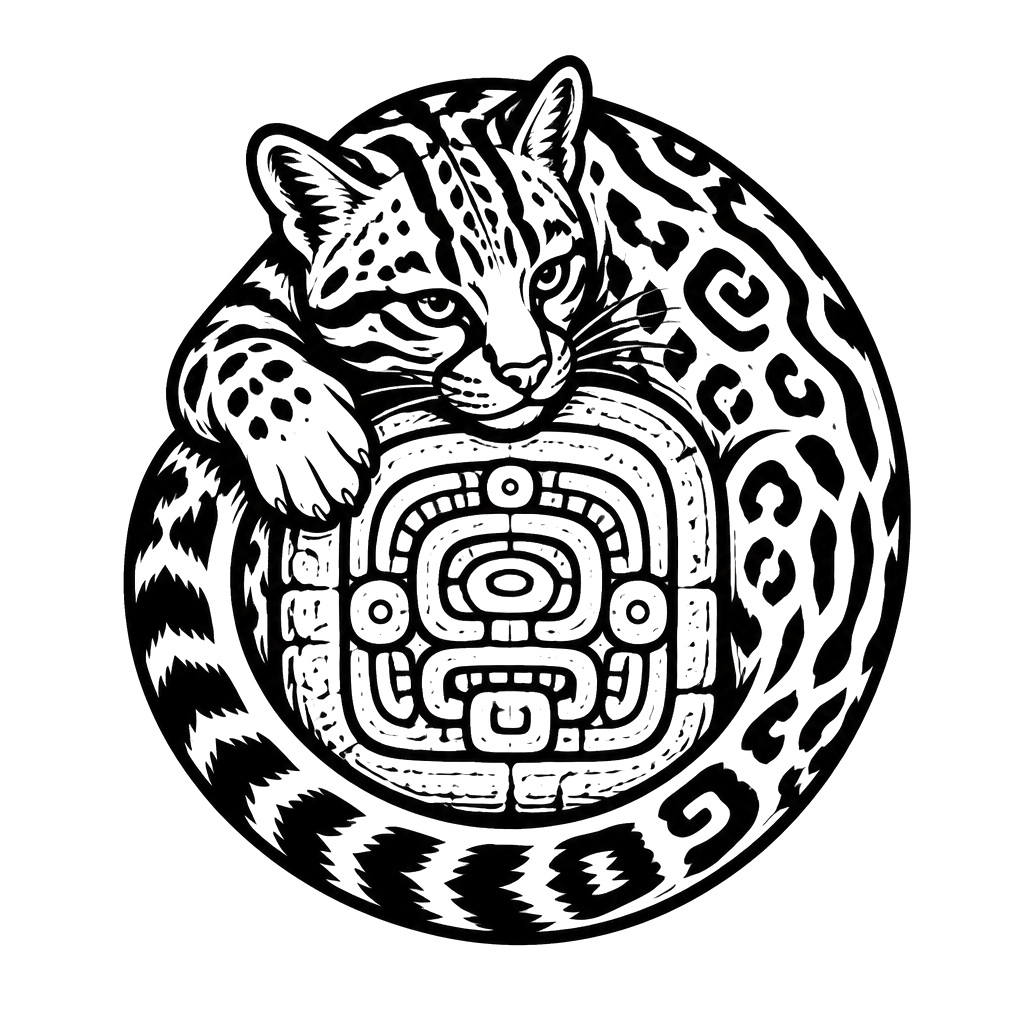 An ocelot curled around a carved glyph stone