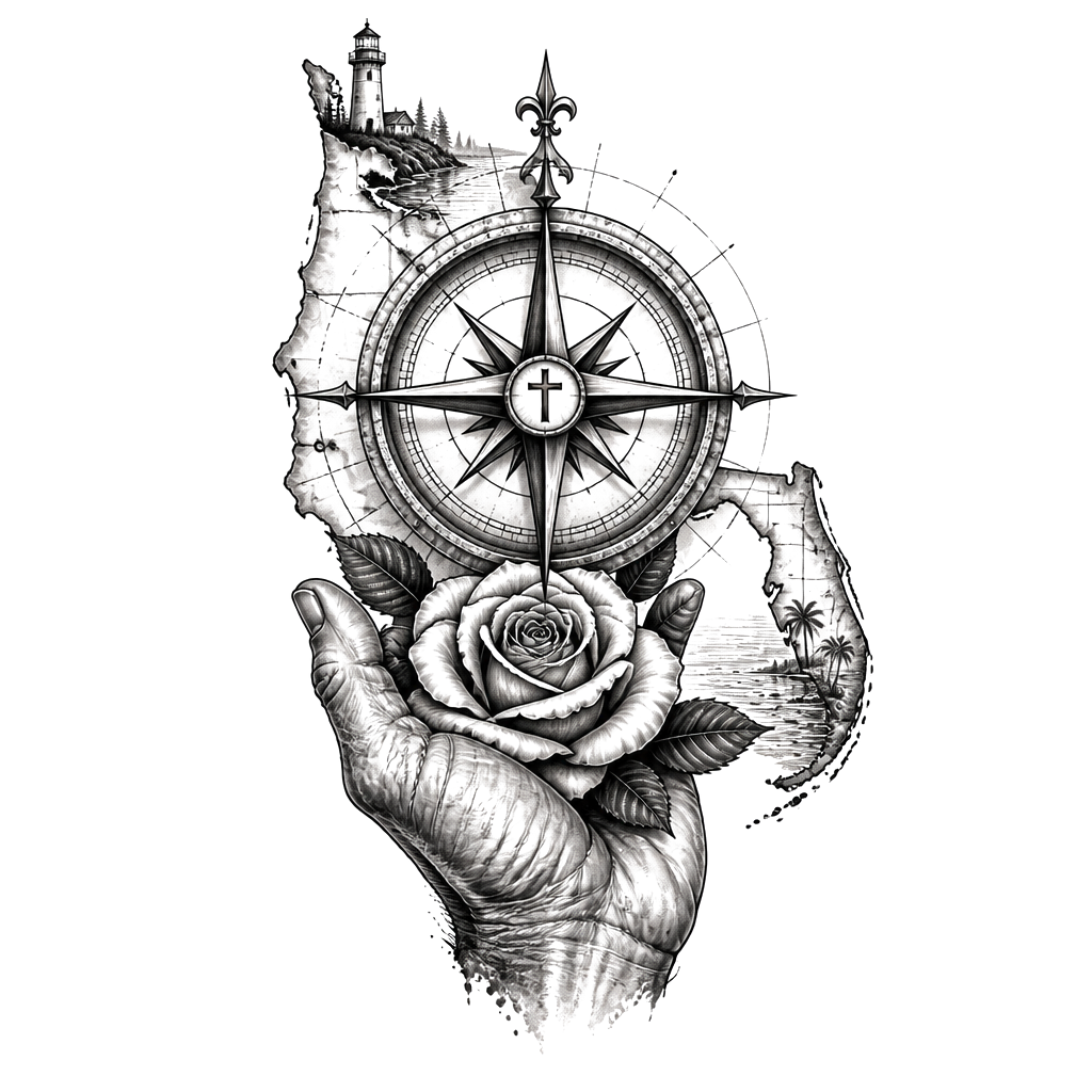A weathered compass spanning Long Beach, Oregon, and Southwest Florida, anchored by a grandfather’s hand and mother’s rose; a small cross at its center, with “True Blue” beneath.