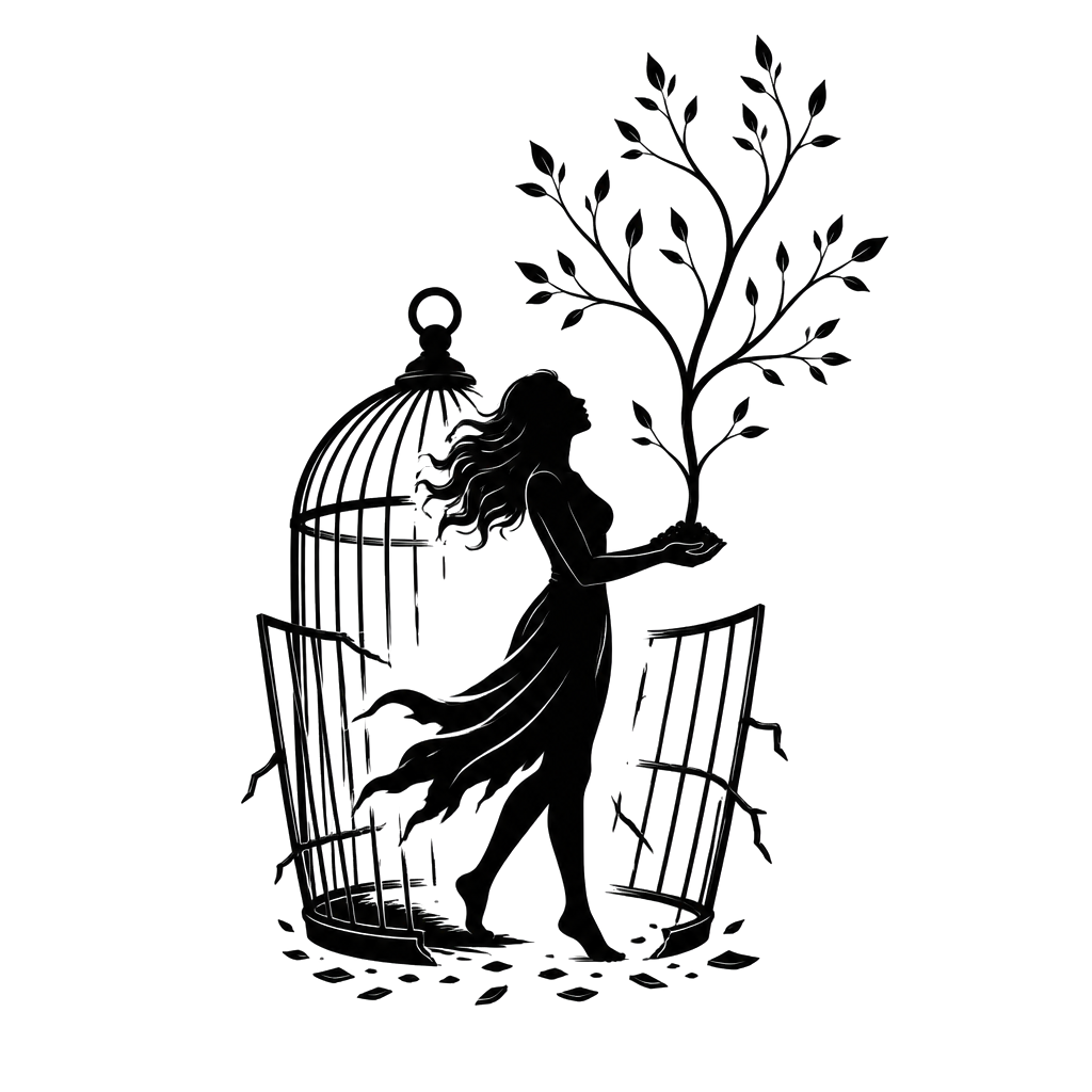 A woman’s silhouette stepping through a broken open cage door, carrying a small seedling that grows into upward-reaching branches—self-chosen freedom, resilience, and new beginnings.