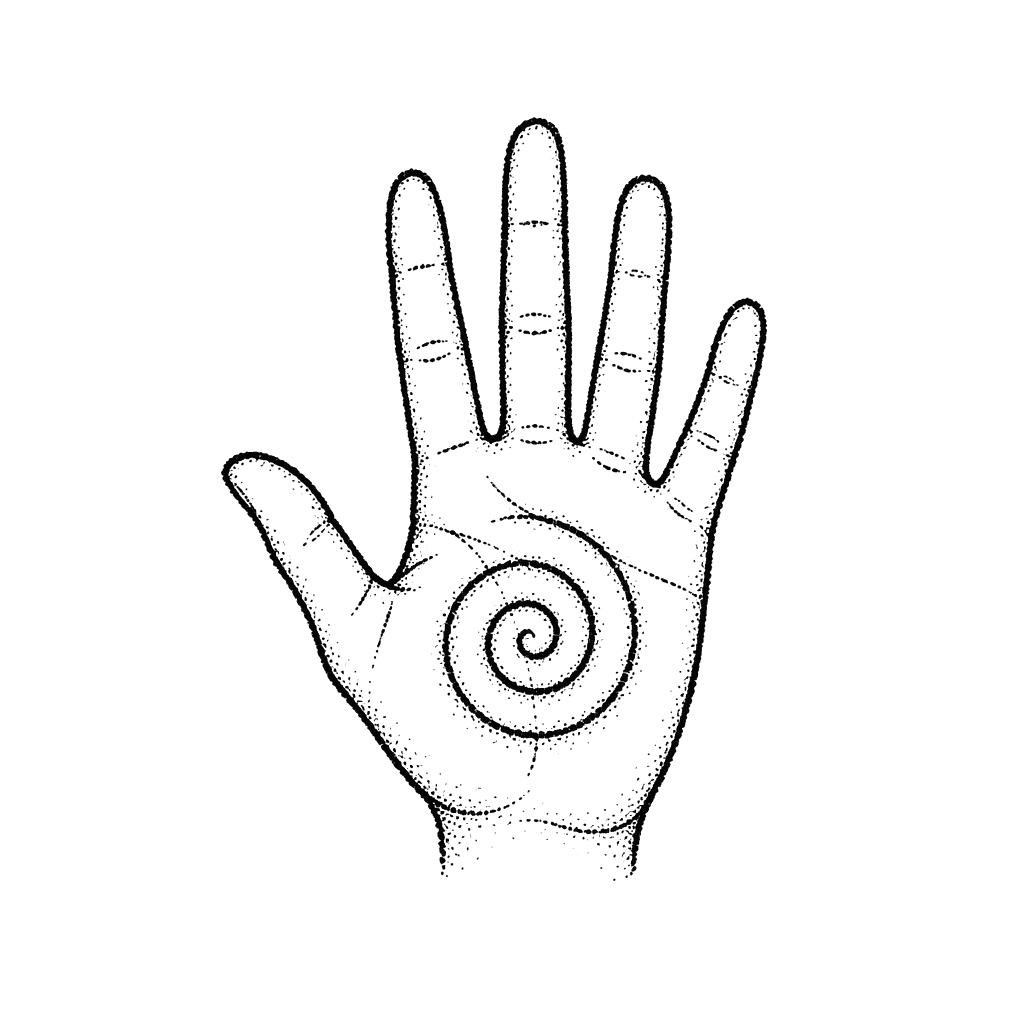 An open palm with a spiral poked into its center