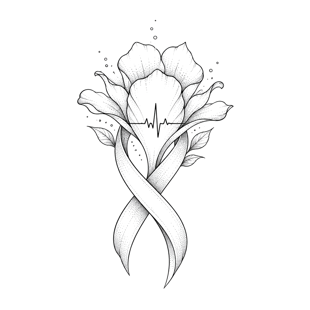 A resilient breast cancer ribbon transforming into a blooming flower, with a small heartbeat line woven through its center.