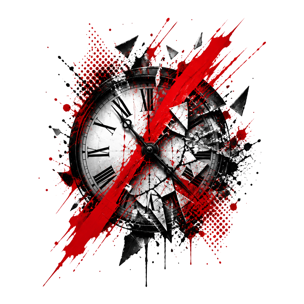 A clock face shattered by red paint streaks