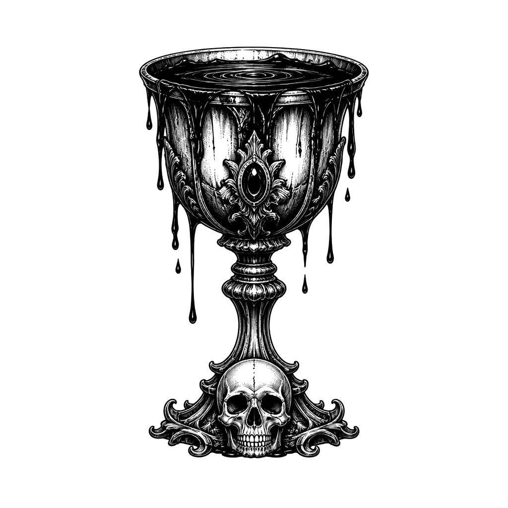 A goblet overflowing with dark liquid and a tiny skull at its base
