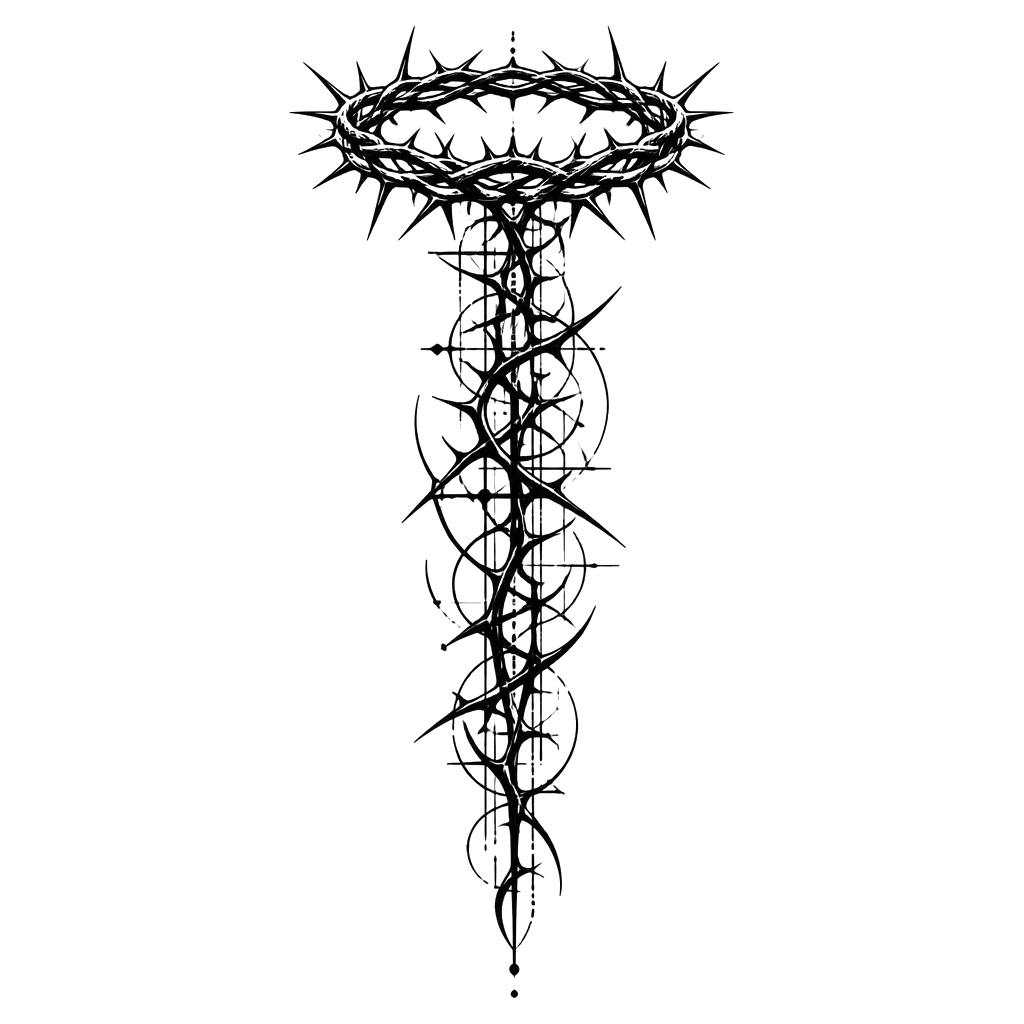 A crown of thorns at the nape trailing down the spine