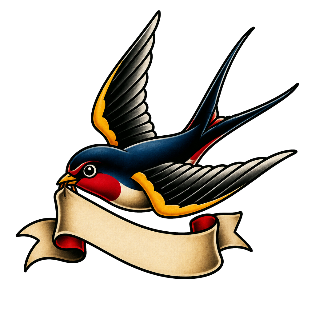 A swallow carrying a banner in its beak