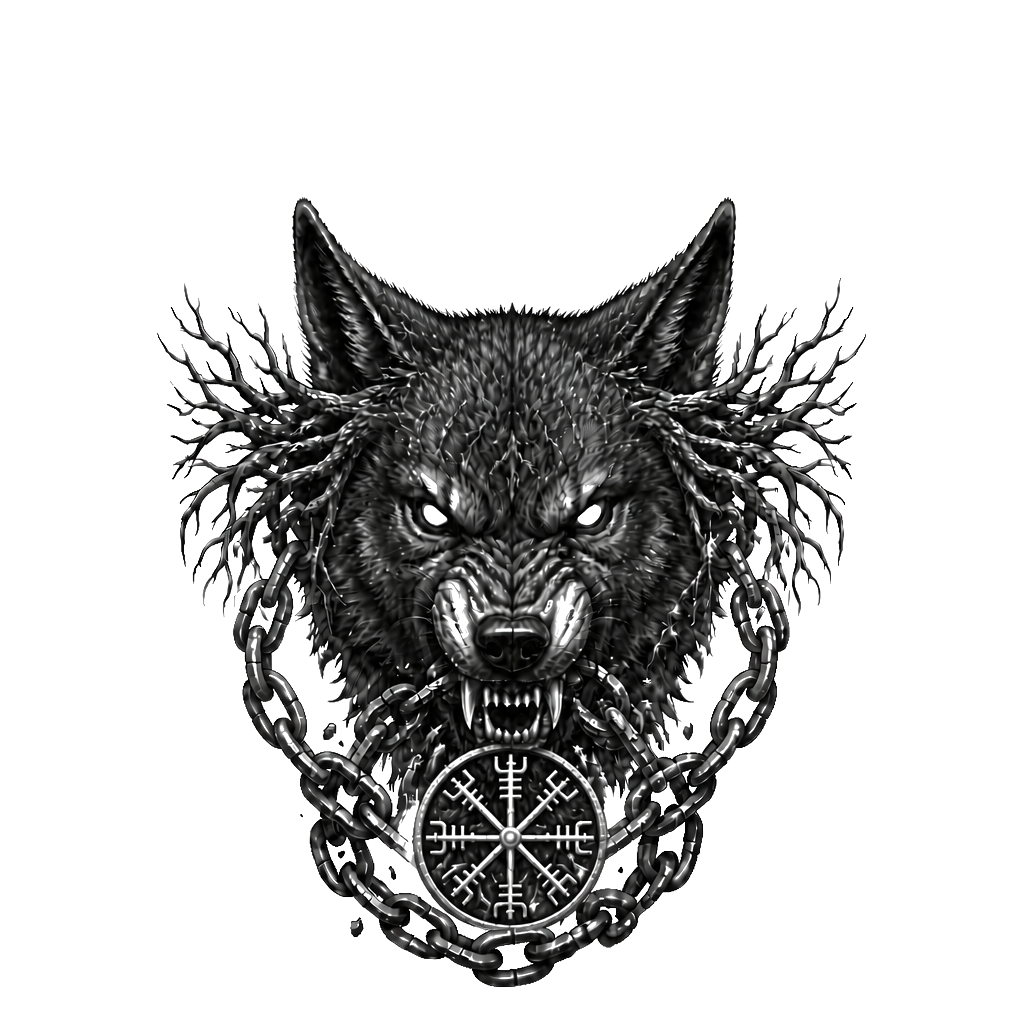 Fenrir’s snarling head centered on the forehead, Yggdrasil roots spreading toward the temples, broken chains flowing from its jaws and wrapping around the neck.