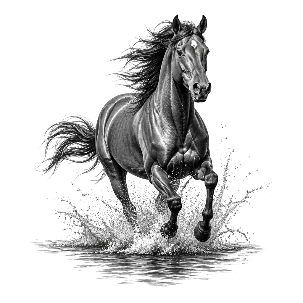 A horse galloping through shallow water