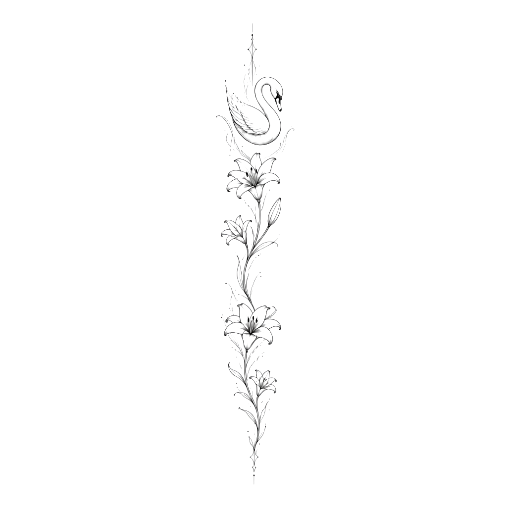Make me a design of a fineline spine tattoo. I want it mostly central and I want it to include a lily flower (or multiple) and a swan (or multiple)