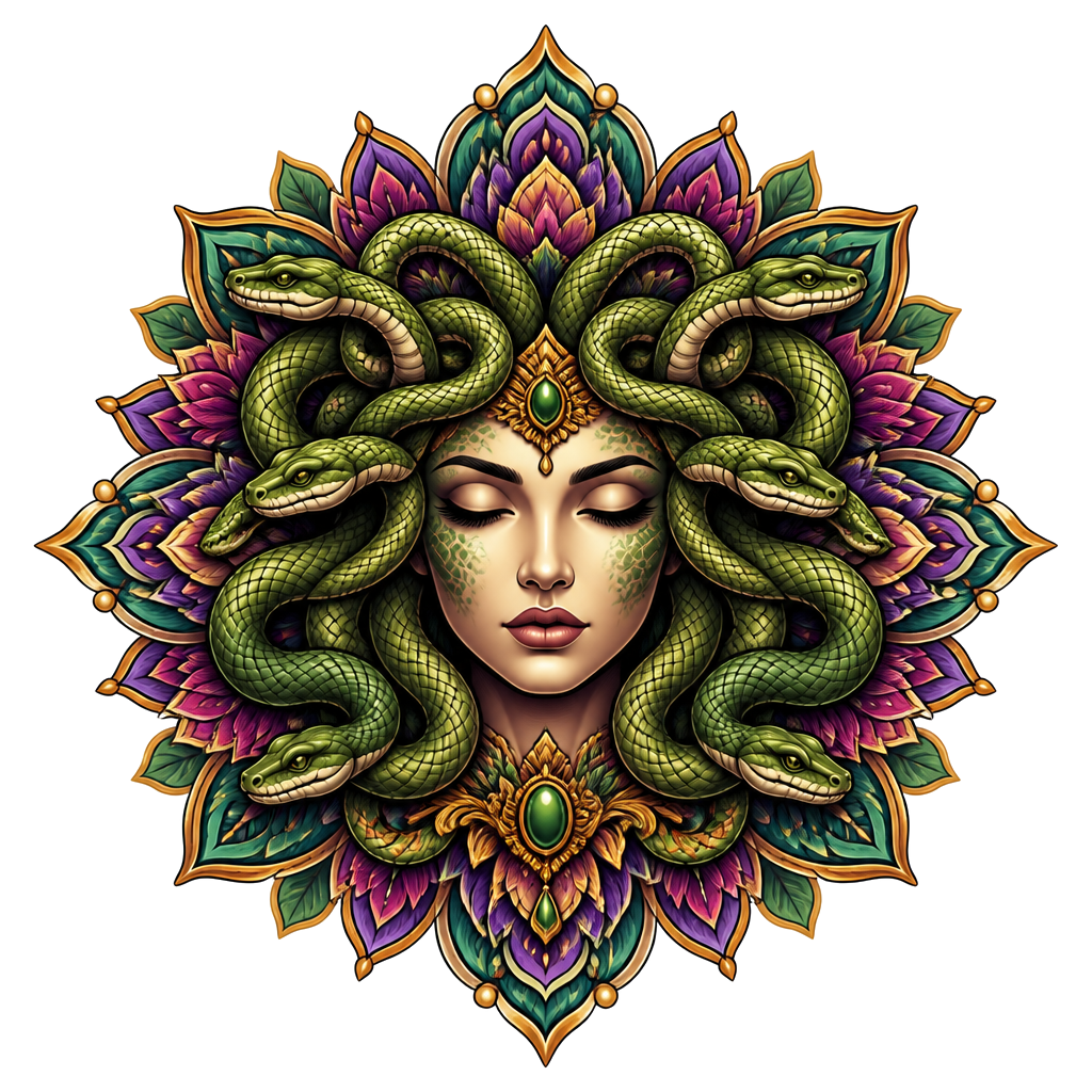 Medusa with closed eyes and calm snakes