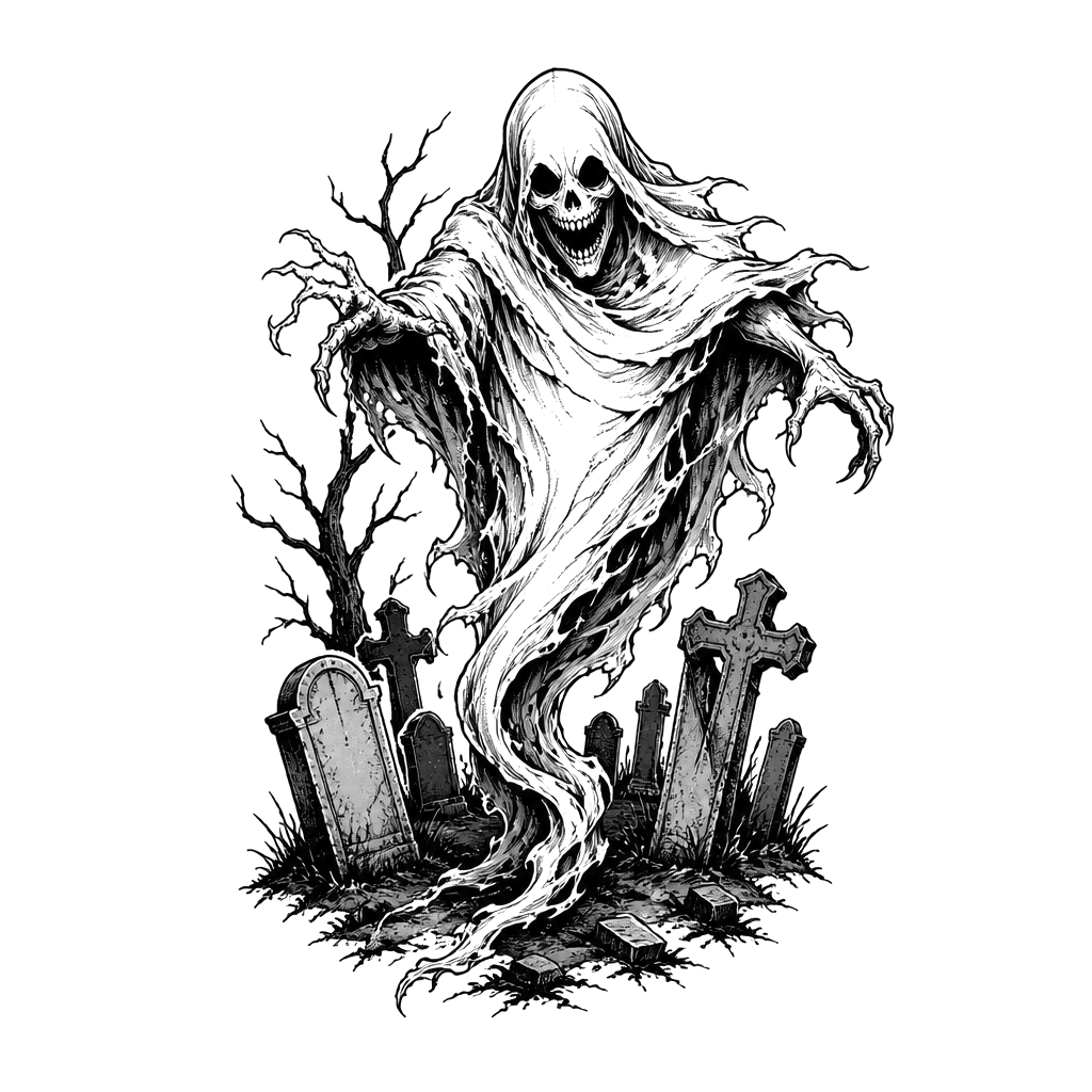 A grinning ghost drifting through a cemetery
