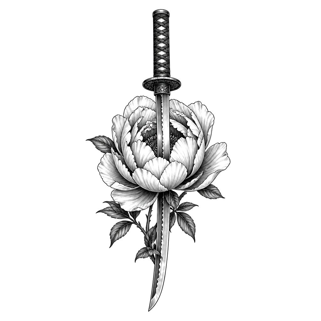 A peony opening around a katana blade