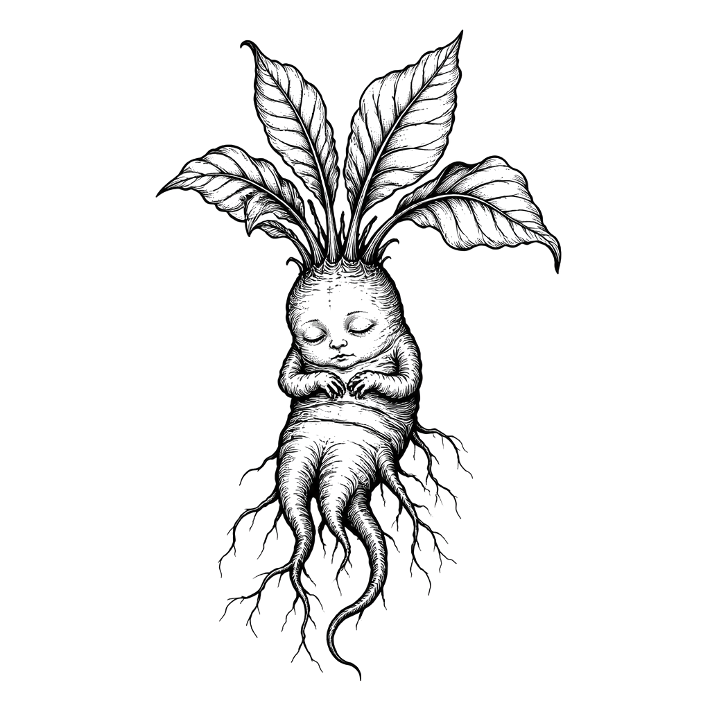 A mandrake root with a tiny sleeping face