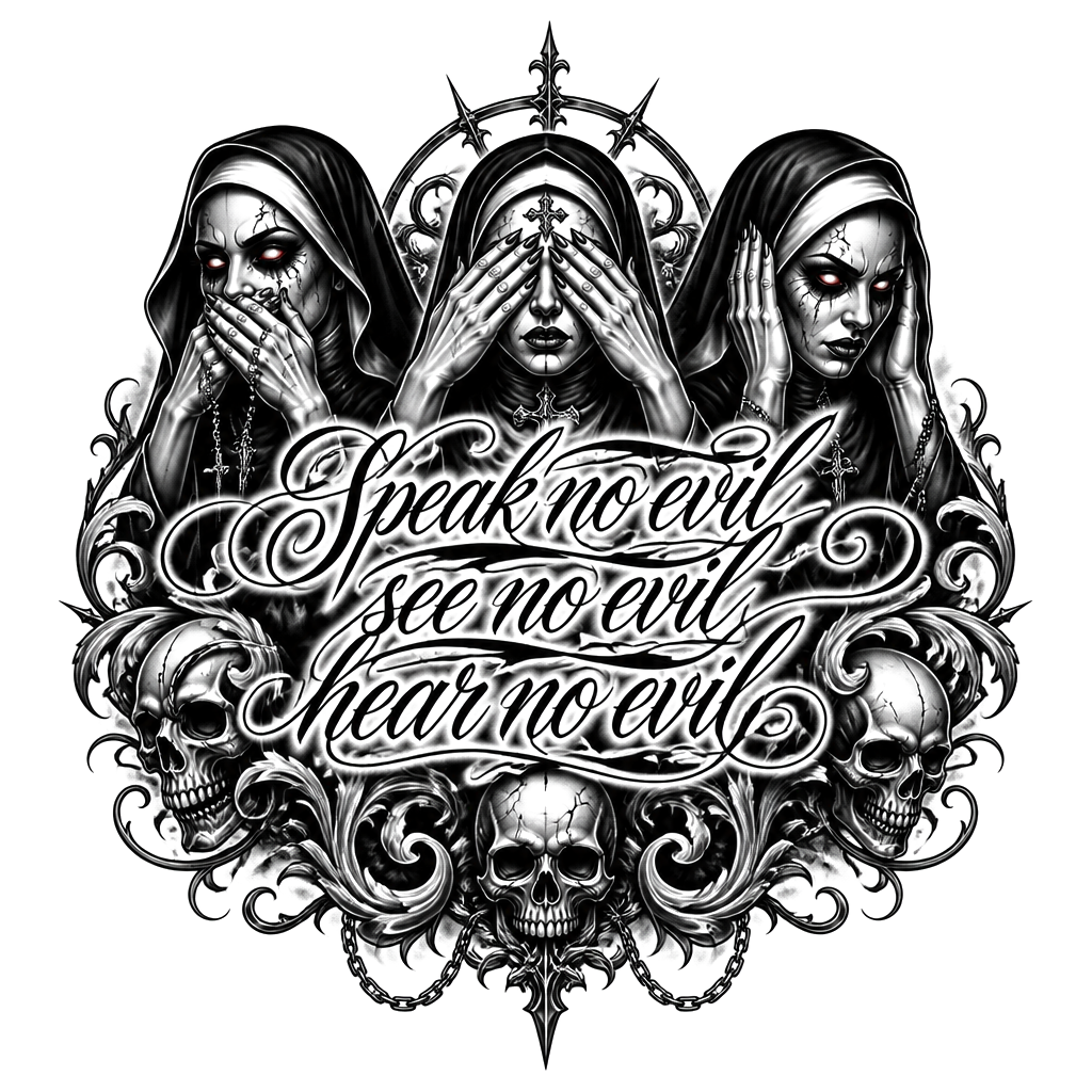 “Speak no evil see no evil hear no evil” with 3 evil nuns behind it with red ink in the eyes and  extras (for a man)