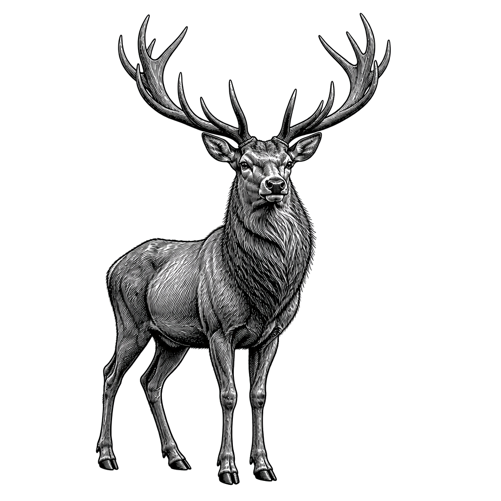A stag rendered in dense woodcut hatching