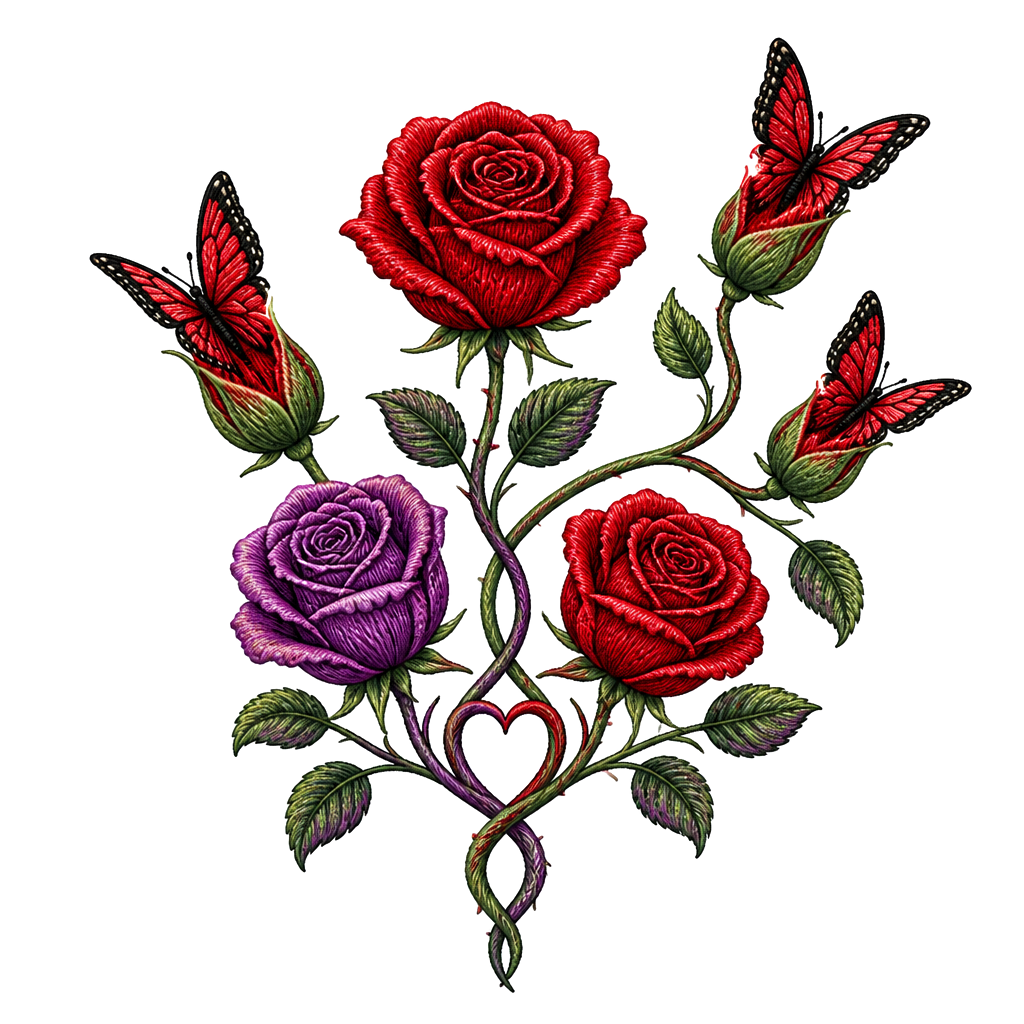 1 rote Rose, 1 geschlossene Rose wo ein Schmetterling entsteht,2 geschlossene Rosen an einen Strang wo aus den geschlossenen Rosen Schmetterlinge entstehen, 1 lila Rose und 1 rote Rose. Alles zusammen mit den Namen Fabian und Dèsirèe verbunden