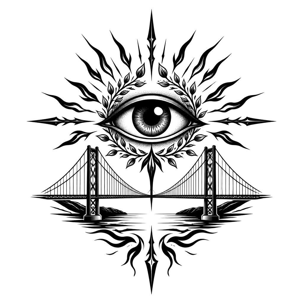 An unblinking eye above a strait-spanning suspension bridge, its iris ringed by spring shoots and radiating flame-like rays, with subtle spearpoint accents suggesting bold momentum.