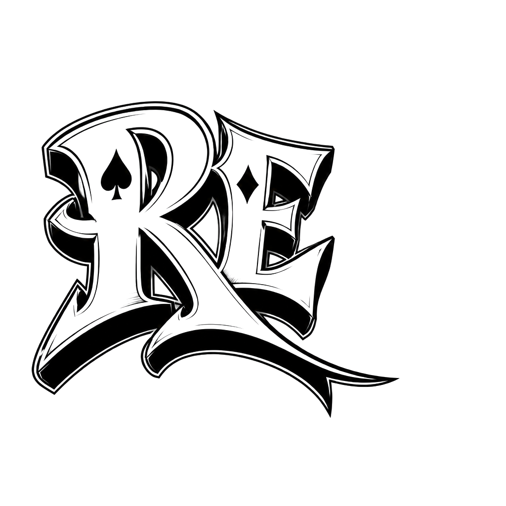 I want the first two letters of the name Rene it should be RE and then I want the first letter of last name that is Reyes so R at the end in a poker theme deck of Cards font
