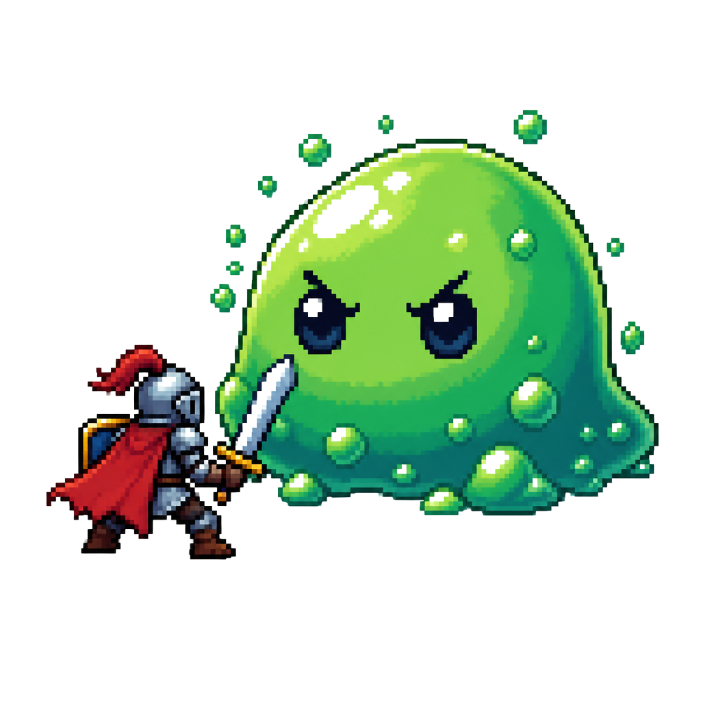 A pixel knight facing a giant slime