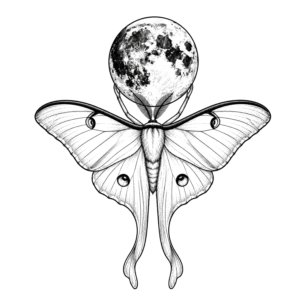 A luna moth carrying the moon on its back