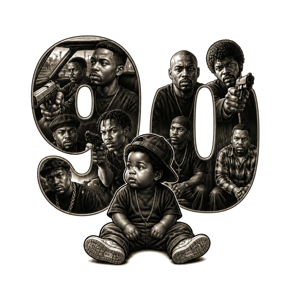 90’s baby tattoo with scenes from black movies with guns on the inside of the 90 I want the 90 to be in bubble letters and the scene on inside of them