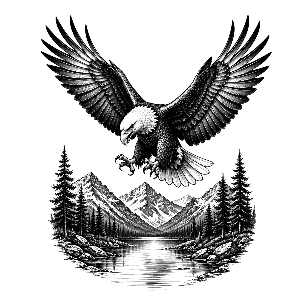 Bald Eagle attaching above a lake in the mountains