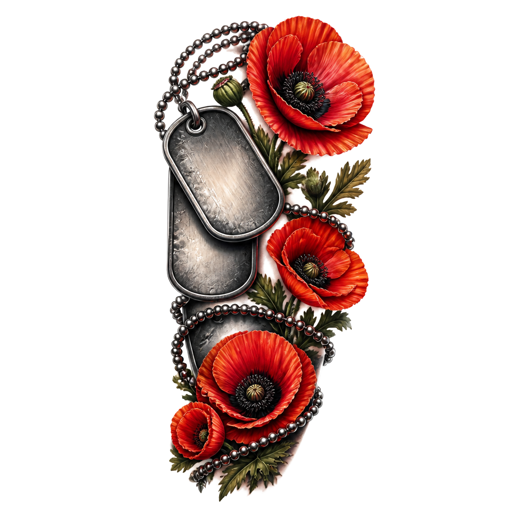 I want my dads army dog tags to wrap from my bicep onto my forearm with his name and date and some poppys around it in colour